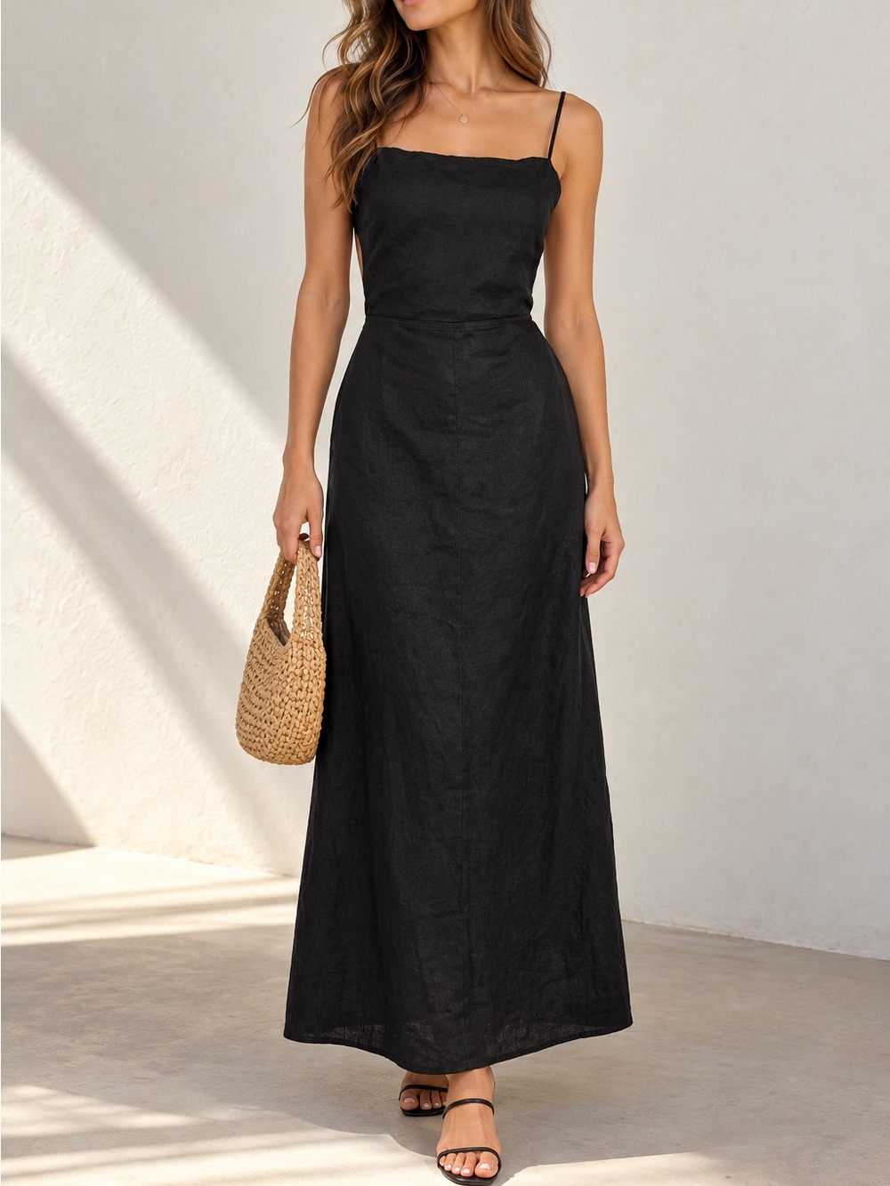 Zara Black 100% Linen Open Back Tie Spaghetti Strap Maxi Dress Size M